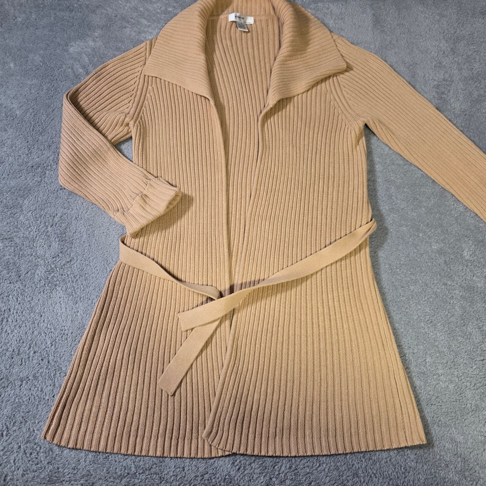 Kikit Womens M Cardigan Sweater Tan Ribbed‎ Belted Cotton Wide Collar